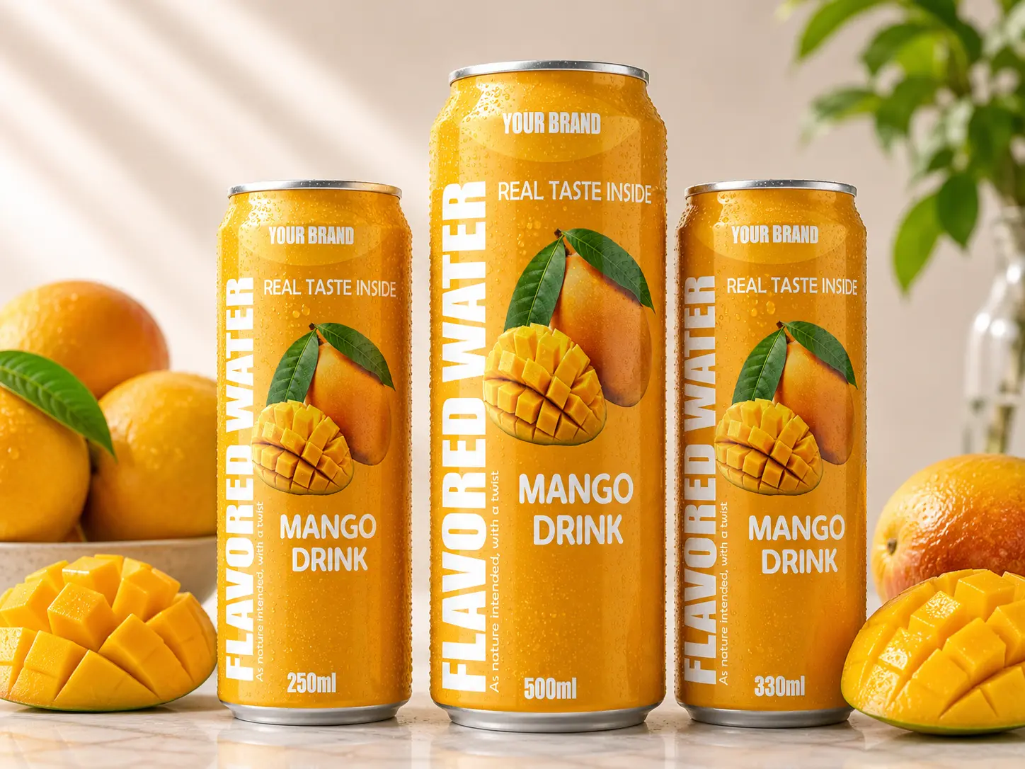 FLAVORED WATER mango drink cans in 250ml, 330ml and 500ml sizes.